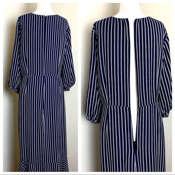 NEW CHELSEA28 Pinstripe Ruched Long Sleeve DRESS - Picture 6 of 8